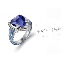 Custom Manufactured Precision Set Pave Halo Brilliant Round Diamonds & Heart Blue Sapphire Rings