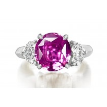 Premium Quality Unique Heart Shaped Diamonds & Pink Sapphire Round Three Stone Rings