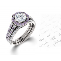 Vibrant Purple Sapphires and Diamonds Halo Micropave Engagement Rings With Vivid Colored Gemstone Accents