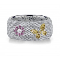 Delicate French pavee Sparkling Brilliant-Cut Round Diamonds & Vivid Multi-Colored Precious Stones Eternity Rings & Bands Featuring Vintage Flowers & Butterflies