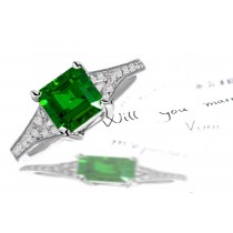 French Style Pave Set Diamond Shank Emerald Princess Cut & Diamond Engagement Ring