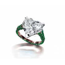 Ring with Heart Diamond & Pave Set Emeralds & White Diamonds in Gold or Platinum