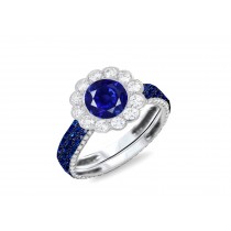 Custom Round Diamond & Blue Sapphire Flower Engagement and Right Hand Rings