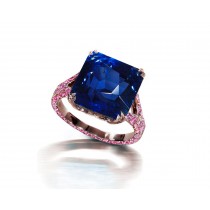 Ring with Blue Sapphire & Pave Set Pink Sapphires in Gold or Platinum