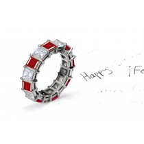 Ruby Diamond Eternity Rings: Platinum ruby diamond squares eternity band