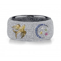 Delicate French pavee Sparkling Brilliant-Cut Round Diamonds & Vivid Multi-Colored Precious Stones Eternity Rings & Bands Featuring Bird, Moon & Stars