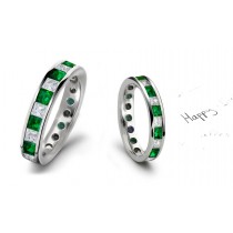 Princess Emerald Eternity Rings: Modern Emerald Square and Princess Cut Diamonds Channel Set Ring in Platinum.