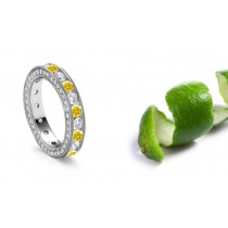 Yellow Diamond Eternity Wedding Band with Fine Milgrain Details & Halo of Diamond Decorated Sides