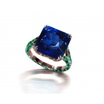 Ring with Square Sapphire & Pave Set Emeralds & White Diamonds in Gold or Platinum