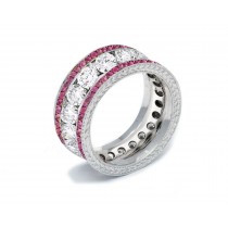 Shop Fine Quality Made To Order Round Hand Engraved Diamond & Pink Sapphire Eternity Style Wedding & Anniversary Rings