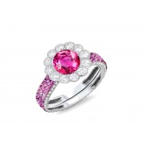 Custom Round Diamond & Pink Sapphire Flower Engagement and Right Hand Rings
