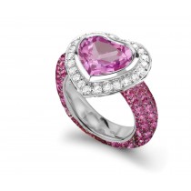 Delicate Micro Pave Round Brilliant Cut & Heart Pink Sapphires & Diamonds Halo Ring