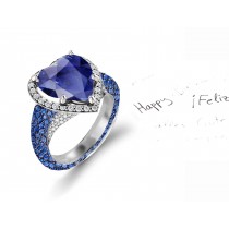 Custom Manufactured Precision Set Pave Halo Brilliant Round Diamonds & Heart Blue Sapphire Rings