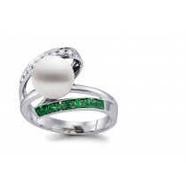 Ancient Bead Set Diamond, Emerald, & Pearl Bypass Ring with 7 mm Natural Pearl, .50 cts diamonds