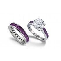 Round Diamond & Princess Cut Purple Sapphire & Diamond Engagement Ring & Wedding Wedding Band