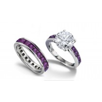 Round Diamond & Princess Cut Purple Sapphire & Diamond Engagement Ring & Wedding Wedding Band