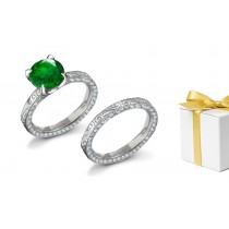 Solitaire Emerald & Diamond Foliate Motifs Decorated Ring & Band