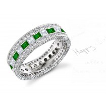 Emerald & Diamond Band Bordered with 2 Rows of Diamonds, Engraved Sides