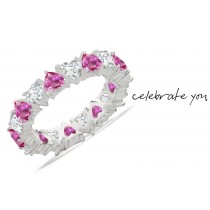 "Vibrant" Pink Sapphire Heart & Diamond Heart Stylish Eternity Ring in Gold