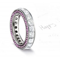 Micro pave Halo Round & Princess Cut Diamond & Pink Sapphire Eternity Rings