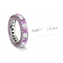 Micro pave Halo Round & Princess Cut Diamond & Pink Sapphire Eternity Rings