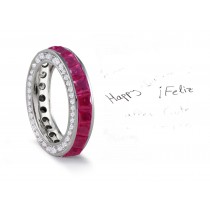 Micro pave Halo Brilliant Cut Round Diamond & Square Ruby Eternity Rings