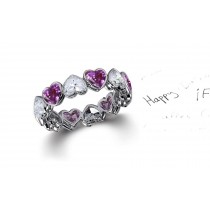 Delicate Heart Shaped Diamond Bezel Set Purple Sapphire & Diamond Eternity Rings