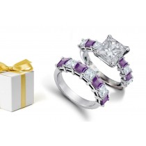Attractive Engagement Ring: Square Diamond & Deep Purple Sapphire Square Stone Bridal Set