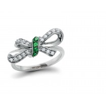 Ancient Style Special Design Georgian Diamond Ribbon & "Vibrant" Emerald Bow-Knot Ring in Platinum