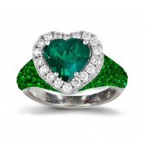 Ring with Heart Diamond & Pave Set Emeralds & White Diamonds in Gold or Platinum