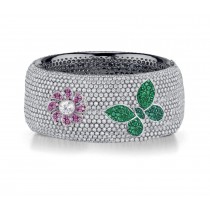 Delicate French pavee Sparkling Brilliant-Cut Round Diamonds & Vivid Multi-Colored Precious Stones Eternity Rings & Bands Featuring Vintage Flowers & Butterflies