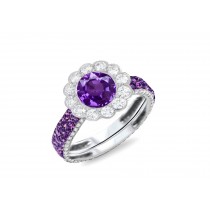 Custom Round Diamond & Purple Sapphire Flower Engagement and Right Hand Rings