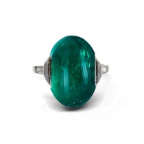 Edwardian, Belle Epoque, Platinum, Crystal Green, Bright, Deeply Saturated Emerald Cabochon Ring