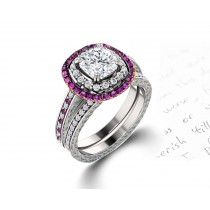 Vibrant Pink Sapphires and Diamonds Halo Micropave Engagement Rings With Vivid Colored Gemstone Accents