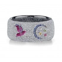 Delicate French pavee Sparkling Brilliant-Cut Round Diamonds & Vivid Multi-Colored Precious Stones Eternity Rings & Bands Featuring Bird, Moon & Stars