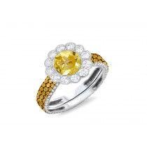 Custom Round Diamond & Yellow Sapphire Flower Engagement and Right Hand Rings