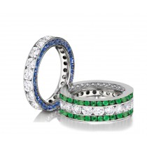 Made to Order Channel Set Brilliant Cut Round Diamonds, Emeralds & Blue Sapphires Set Eternity Rings & Stackable Bands