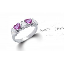 Made to Order 5 Stone Heart Shaped Diamonds & Pink Sapphires Anniversary Rings
