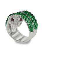 French Micropave Diamond Emerald Double Wrap Gold Serpent Ring with 2.25 cts genuine richly cut emerald