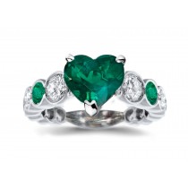 Ring with Heart Emerald & Bezel Set Emeralds & White Diamonds in Gold or Platinum