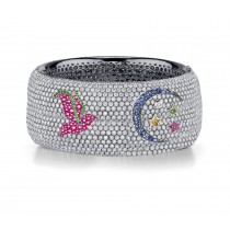 Delicate French pavee Sparkling Brilliant-Cut Round Diamonds & Vivid Multi-Colored Precious Stones Eternity Rings & Bands Featuring Bird, Moon & Stars