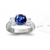 Burma Blue Sapphire Diamond Engagement Rings: Platinum ring with Round Diamonds and Round Sapphire.