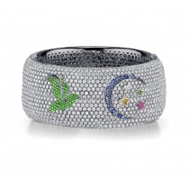 Delicate French pavee Sparkling Brilliant-Cut Round Diamonds & Vivid Multi-Colored Precious Stones Eternity Rings & Bands Featuring Bird, Moon & Stars