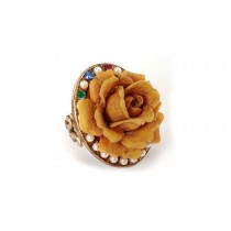 Frivolous & Whimsical Romantic Vintage Inspired Gold Pearl Ruby Emerald Sapphire Blooming Rose Flower Diamond Ring