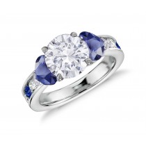 Three Stone Round Diamond & Heart Blue Sapphires Rings With Further Diamond Accents