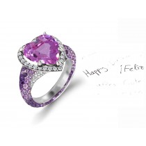 Custom Manufactured Precision Set Pave Halo Brilliant Round Diamonds & Heart Purple Sapphire Rings