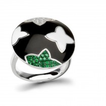 Treasures of Nature Star Diamond and Emerald Black Enamel Ring with 2.25 cts round diamonds
