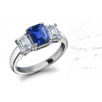 Ceylon Blue Three Stone Engagement Rings: Platinum Ring with Octogon Sapphires and Diamonds.