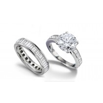 Brilliant Cut Round Diamond and Baguette Diamond Engagement Ring & Matching Wedding Band in Platinum