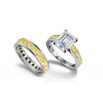 Emerald Cut Diamond & Princess Cut Yellow Diamond Ring & Diamond Gold Band